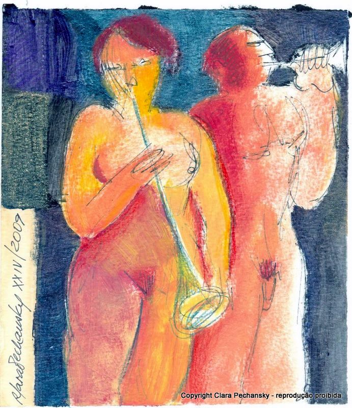 desenho-clara-pechansky-d1-CASAL-NU-COM-FLAUTA-E-CORNETA-Técn-comb-170x148mm