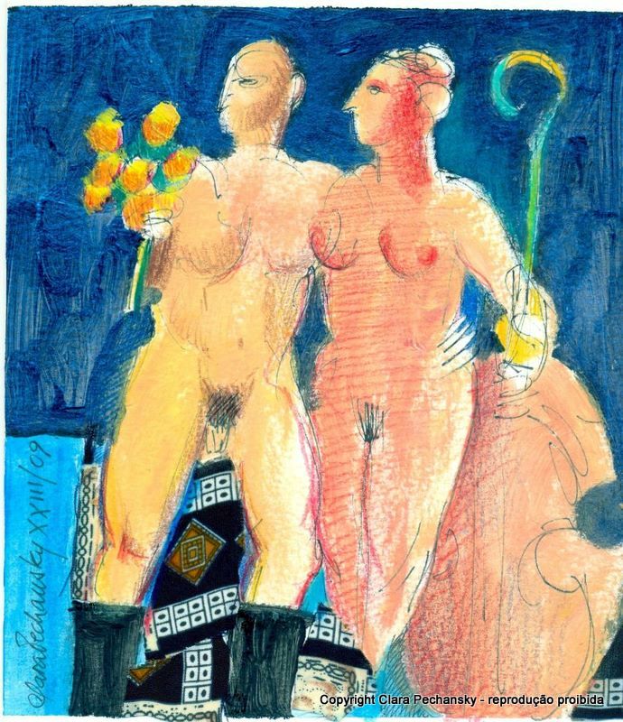 desenho-clara-pechansky-d1-CASAL-NU-COM-FLORES-E-CONTRABAIXO-Técn-Comb-170x148cm